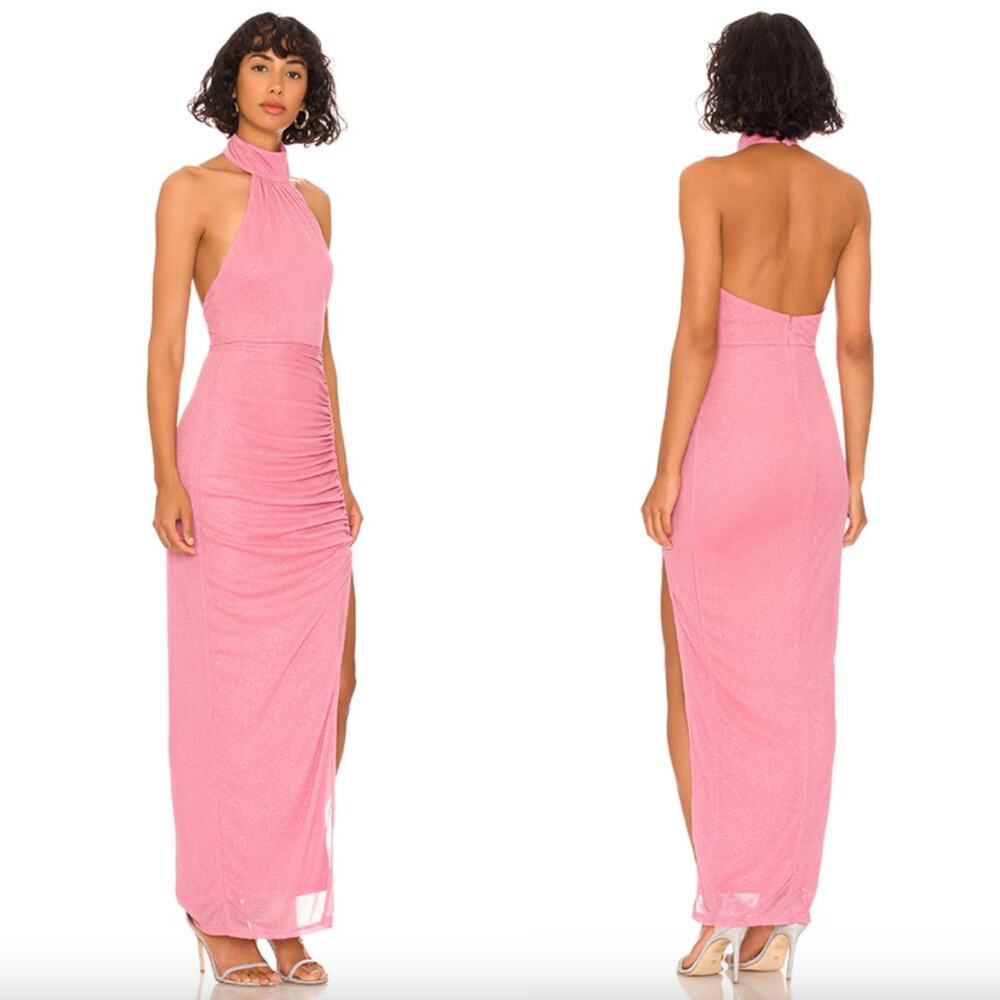 superdown | Bea Halter Maxi Dress in Pink Glitter Knit Ruched Halter S